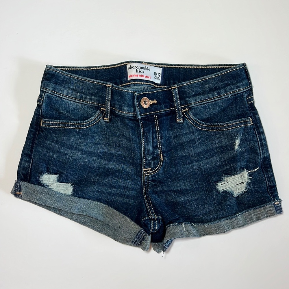 Abercrombie Kids mid-rise midi distressed jean shorts. Perfect condition!
